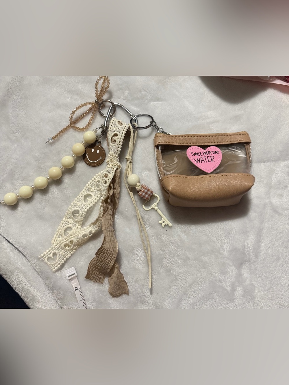 Cream Beaded Lace Strap Keychain Pouch with Pink Heart Accent